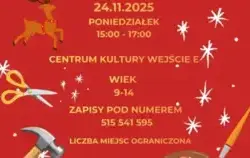 Serdecznie zapraszamy dzieci w wieku od 9 do 14 lat na zajęcia kreatywne z elementami majsterkowania – będziemy tworzyć świąteczne ozdoby. Zajęcia odbędą się 24 listopada 2005 r. w Centrum Kultury, wejście E, w godzinach 15:00 – 17:00 Zachęcamy do zapisów