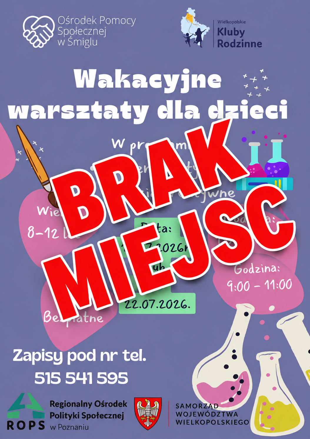 Plakat brak miejsc na&nbsp;zajęcia wakacyjne
