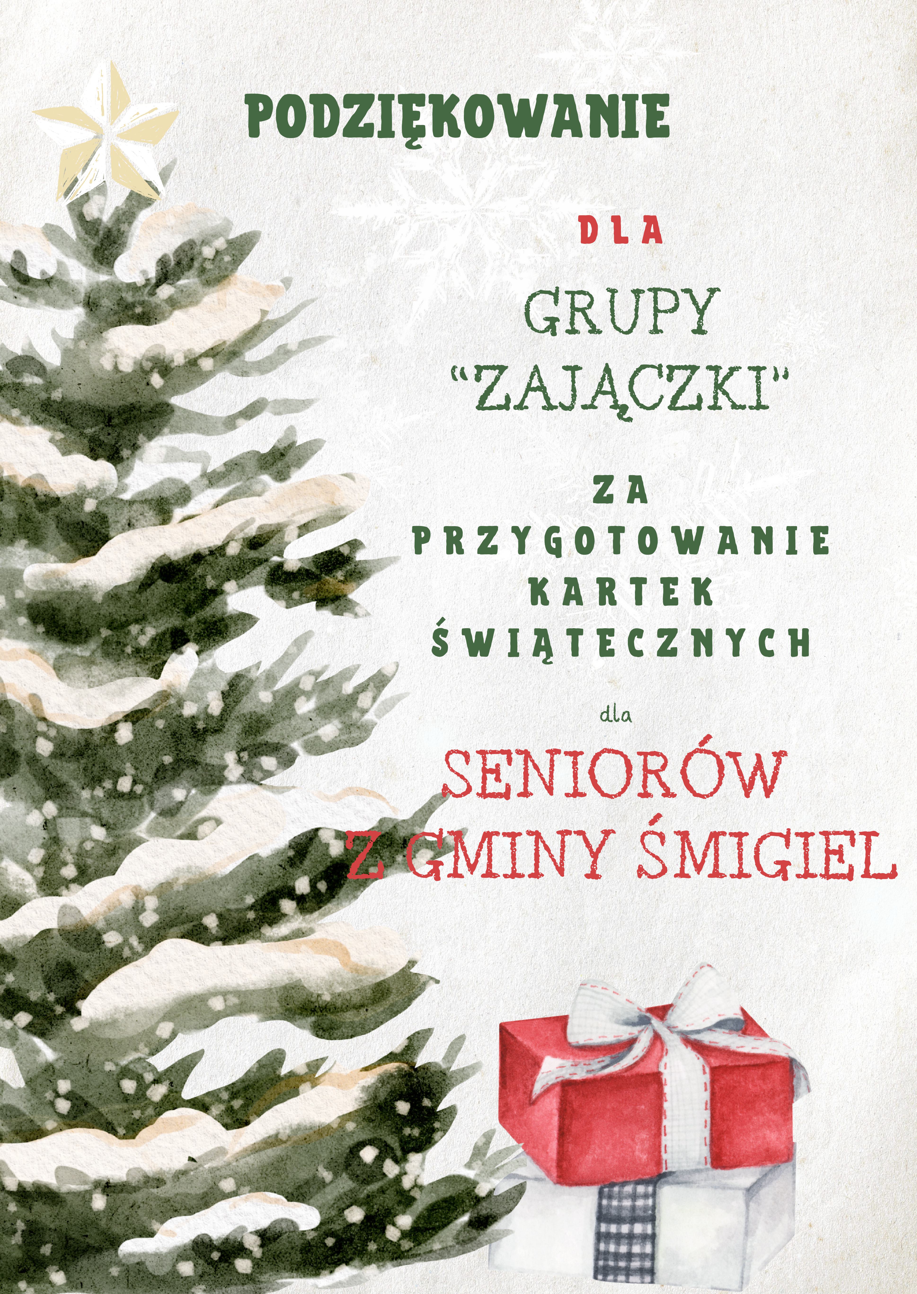 Z okazji zbliżających się Świąt Bożego Narodzenia dla os&oacute;b korzystających z&nbsp;usług opiekuńczych zostały przygotowane drobne słodkie upominki do kt&oacute;rych dołączono kartki z&nbsp;życzeniami świątecznymi otrzymanymi od grupy "Zajączki" z&nbsp;Zespołu Przedszkoli w&nbsp;Śmiglu.  Bardzo dziękujemy Zespołowi Przedszkoli w&nbsp;Śmiglu za przygotowanie kartek świątecznych dla senior&oacute;w