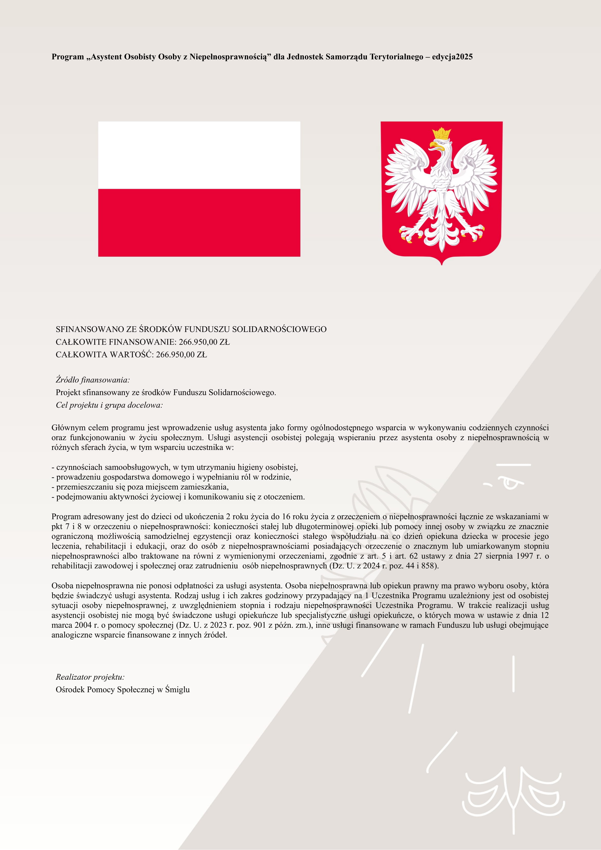„Asystent osobisty osoby z niepełnosprawnością” dla Jednostek Samorządu Terytorialnego - edycja 2025.  