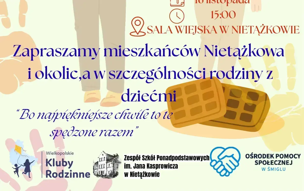 Serdecznie zapraszamy do spędzenia miłego popołudnia w niedzielnej kawiarence 16 listopada 2025 r. na Sali Wiejskiej w Nietążkowie. Będą gofry, sesja zdjęciowa, strefa gier drewnianych XXL, strefa dla maluszków oraz warkoczyki, tatuaże i malowanie twarzy.