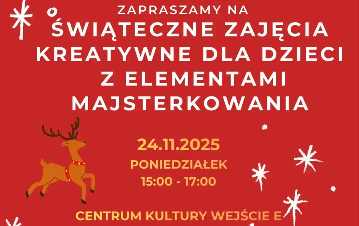 Serdecznie zapraszamy dzieci w wieku od 9 do 14 lat na zajęcia kreatywne z elementami majsterkowania – będziemy tworzyć świąteczne ozdoby. Zajęcia odbędą się 24 listopada 2005 r. w Centrum Kultury, wejście E, w godzinach 15:00 – 17:00 Zachęcamy do zapisów